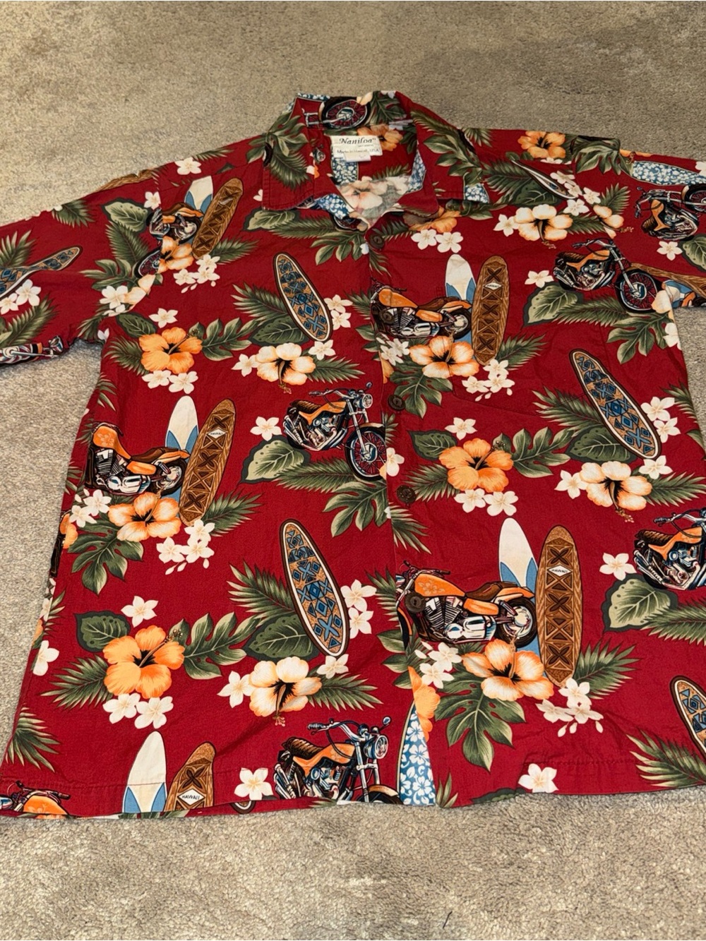 Men's Red Hawaiian-Style Button Down Shirt with Surf & Motorcycle Print